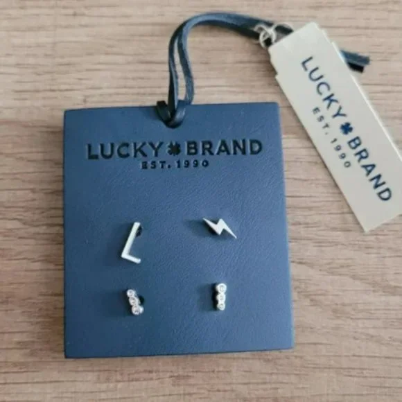 Lucky Brand Earrings thunderbolt Letter L circular studs Silver toned New - Picture 5 of 8